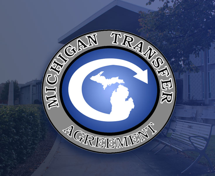 Michigan Transfer Agreement logo over a image of south campus entrance.