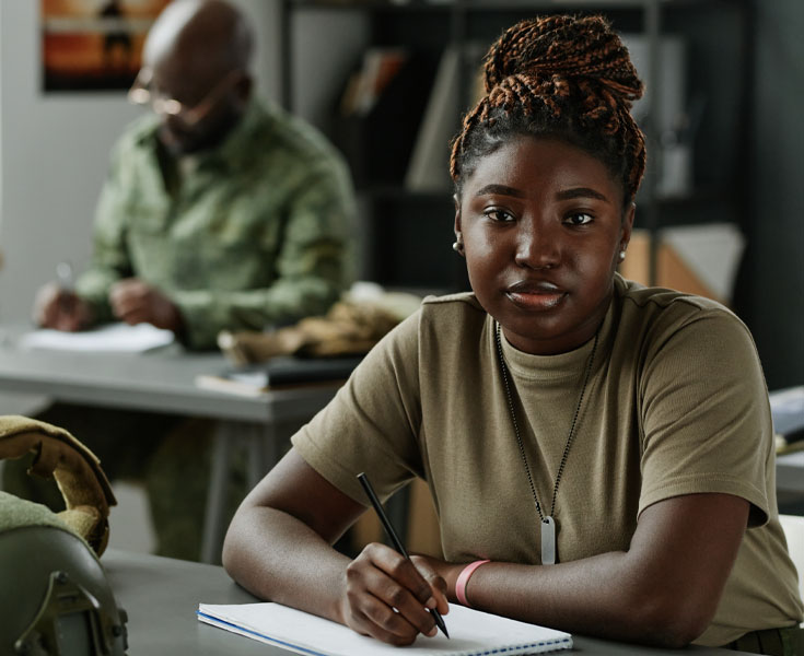 Female military student looking at the camera in a classroom.