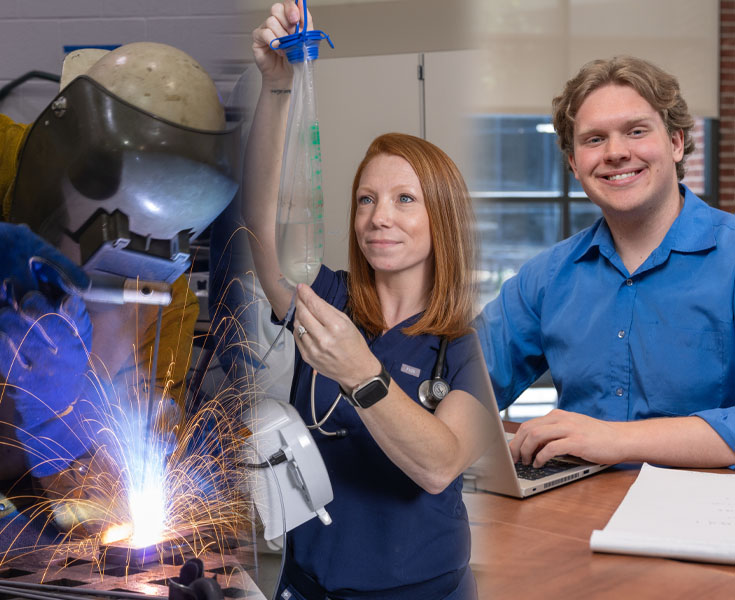 A welding, a nurse and a business students practicing their skills at Macomb.
